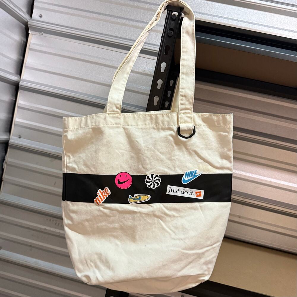 Nike Canvas Tote Bag Cream Sticker Graphic Print Unisex